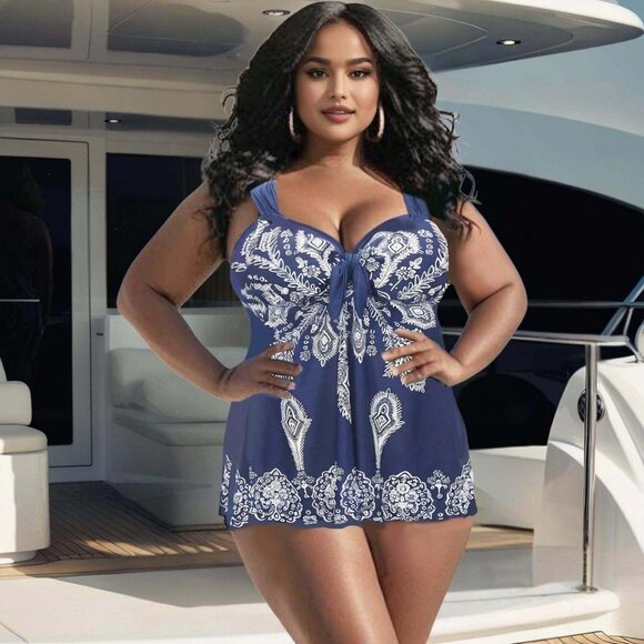 Plus Navy Blue Paisley Print 2Pc Swimdress Set Wide Strap Women Size 26 Swimwear - Picture 6 of 12